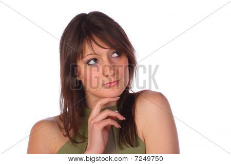 Muito sorridente mulher pensamento, isolado no branco