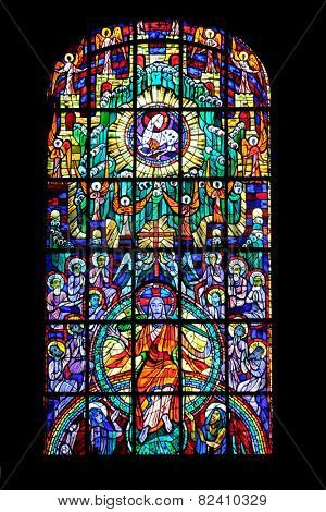 GRAZ, AUSTRIA - JANUARY 10, 2015: Stained glass window in Parish Church of the Holy Blood in Graz, Styria, Austria on January 10, 2015.
