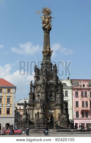 OLOMOUC, CZECH REPUBLIC - APRIL 29, 2014: Holy Trinity Column, a famous Baroque plague column listed as the UNESCO world heritage site, in Olomouc, Czech Republic.
