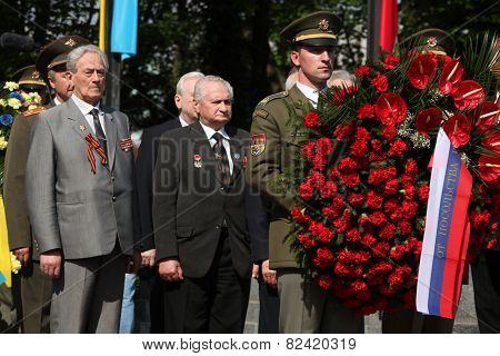 PRAGUE, CZECH REPUBLIC - MAY 9, 2013: Soviet war veterans attend the celebration of Victory Day at the Soviet War Memorial at the Olsany Cemetery in Prague, Czech Republic.
