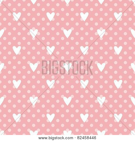 Tile cute vector pattern with white hearts and polka dots on pastel pink background