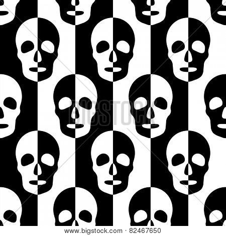 Seamless Skull and Stripe Pattern. Abstract Black and White Background. Vector Regular Texture