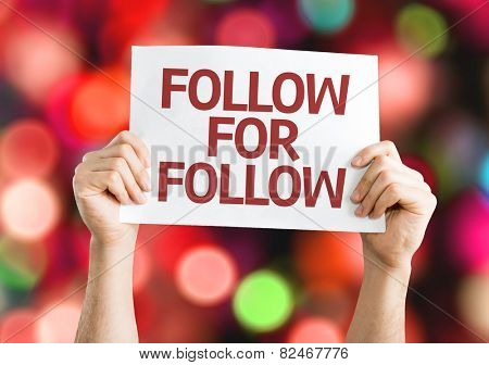 Follow for Follow card with colorful background with defocused lights