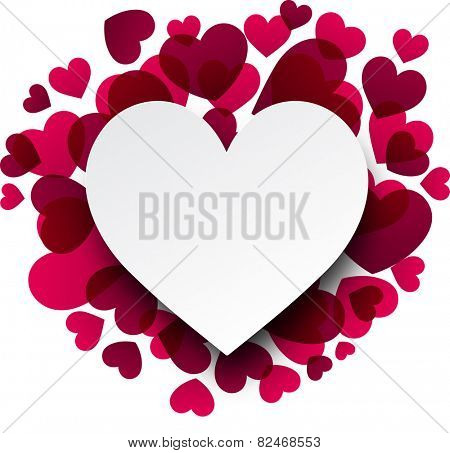 Love background with pink hearts. Paper note. Valentine's greeting card. Vector illustration. 