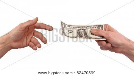 Paying money. Giving one dollar bill to another person.
