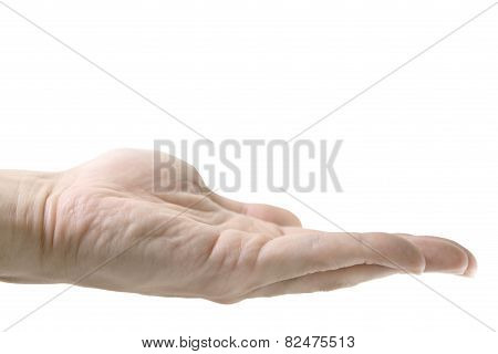 Closeup of Thai male hand side view of open palm stretching all fingers isolated on white