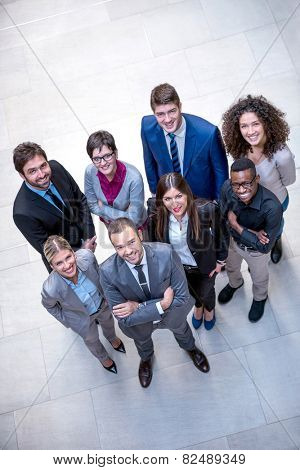 young multi ethnic business people group walking standing and top view