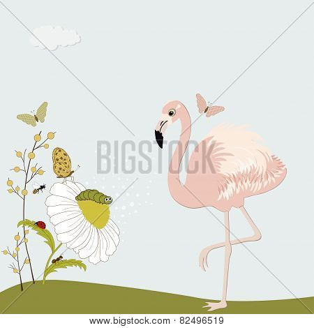 Cute Pink Flamingo With Chamomile And Insects