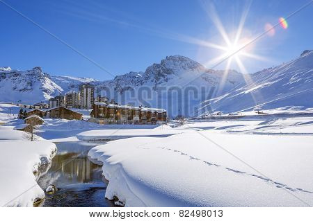 Tignes Village With Sun