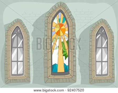 Illustration of a Lancet Window with a Stained Glass Design