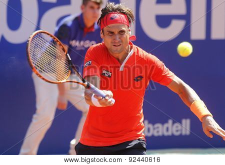 BARCELONA - APRIL, 23: Spanish tennis player David Ferrer in action during a match of Barcelona tennis tournament Conde de Godo on April 23, 2015 in Barcelona