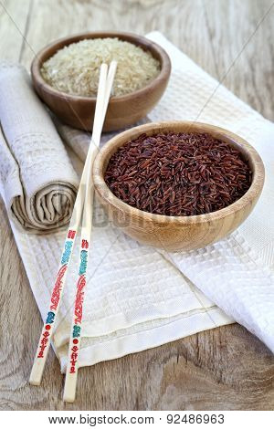 Brown And White Raw Rice, Chopsticks
