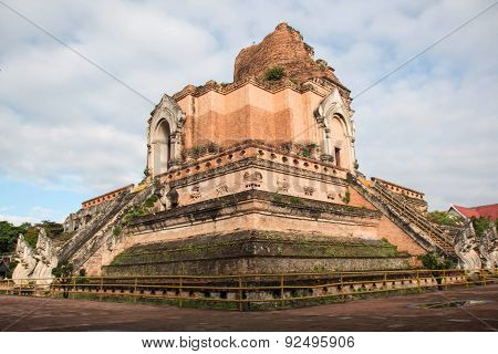 Ancient Pagoda build from brick at Wat Chedi Luang in Chiang Mai Thailand