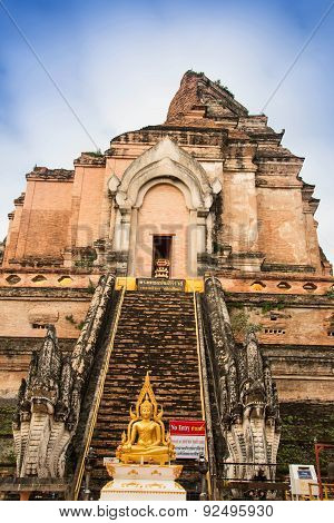 Ancient Pagoda build from brick at Wat Chedi Luang in Chiang Mai Thailand