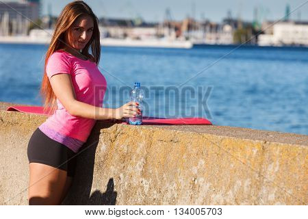 Woman Drinking Water After Sport Gym Outdoor