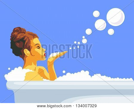 Woman blowing a bubbles off her hand relaxing in bath with foam. Vector flat drawn design color illustration on blue background