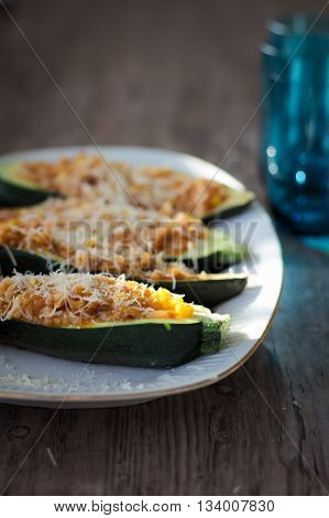 Zucchini stuffed with minced meat (casserole) on plate