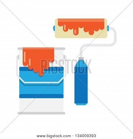 bucket with red paint and roller for painting maintenances. vector illustration. Isolated on white background