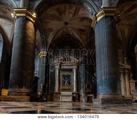 CREMONA ITALY - APRIL 26 2016: Interior of the Cremona Cathedral dedicated to the Assumption of the Blessed Virgin Mary is richly decorated by the 16th century frescoes by Bernardino Gatti
