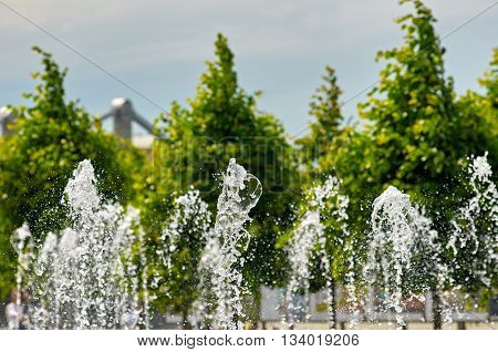 fountain about Pedestrian park Muzeon Arts. Moskow. Russia. focus is on first jet