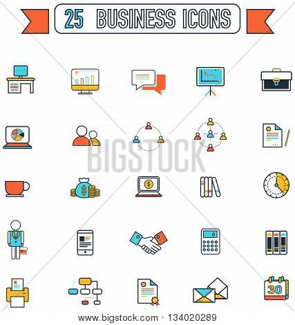 Flat line business and office tool equipment sign and symbol icon collection set create by vector