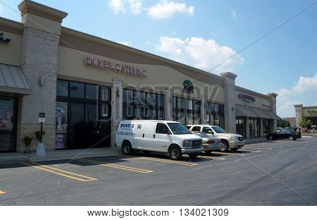 SHOREWOOD, ILLINOIS / UNITED STATES - AUGUST 16, 2015: Duke's Catering offers catering services from a Shorewood strip mall.