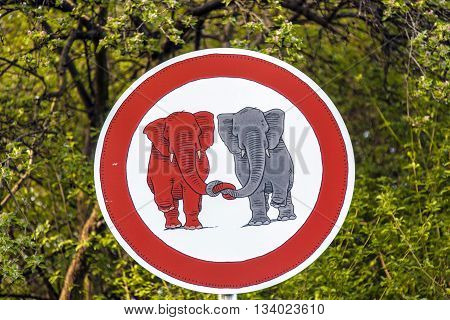 SCHWALBACH, GERMANY - JUNE 3, 2011: traffic sign elefants in Love in the forest in Schwalbach