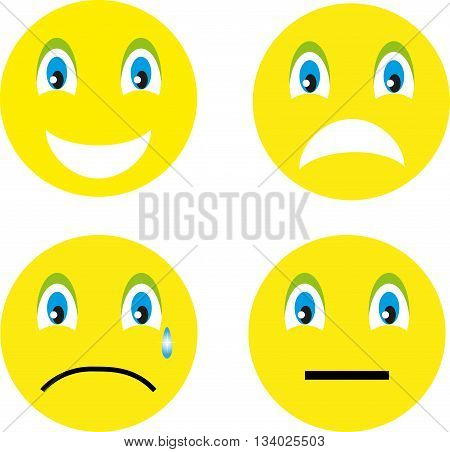 4 smiley: smile, anger, resentment, thinking on a white background