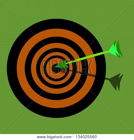 an arrow hit the center of the target, orange and black, green background