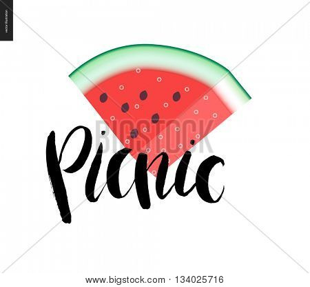 Picnic lettering and a slice of watermelon - a vector cartoon black brush hand written lettering in russian Picnic on summer