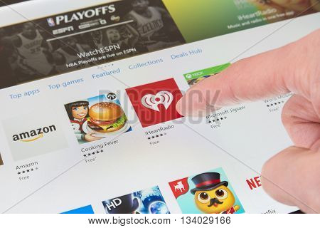 Melbourne, Australia - Jun 13, 2016: Browsing the Windows Store on Surface Pro 4. It is an app store for Microsoft Windows, allowing users to download apps, , games, music, movies and TV shows.