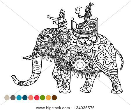 Antistress coloring page indian maharaja sitting on elephant decorated mandala ornament and colors samples