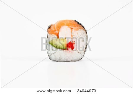 Fresh japanese sushi rolls on a white background