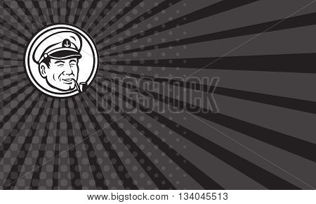 Business card showing Black and white illustration of a sea captain shipmaster skipper mariner wearing hat cap smoking smoke pipe set inside circle.