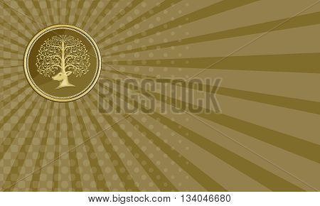 Business card showing illustration of a deer head viewed from the side with antler made of trees branches and leaves set inside gold coin medallion done in retro style.