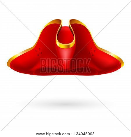 Realistic red cocked hat with golden edging