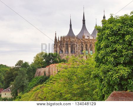 Famous gothic St. Barbara church in Kutna Hora Czech Republic. Landscape view on St. Barbara church from Brukner park.