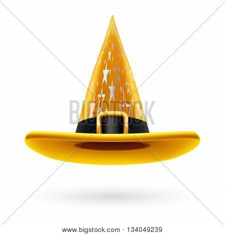 Yellow witch hat with golden buckle hatband and silver stars ornament