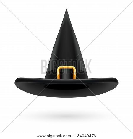 Black witch hat with golden buckle and hatband