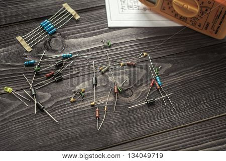 Electronic Components  On Wooden Rustic Background