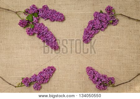 Lilac flowers on a sackcloth. Syringa. Vintage background