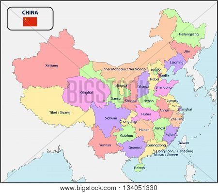 Illustration of a Political Map of China with Names