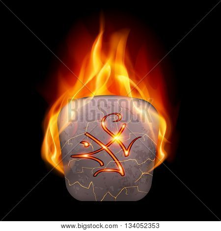 Tetragonal ancient stone with magic rune in orange flame