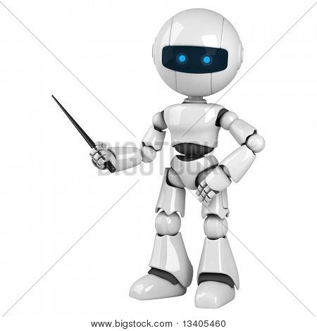 Divertido robot blanco alojarte con puntero