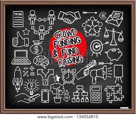 Crowd funding and Fond Raising Doodle set on chalkboard. Start up, launching of new project concept. Graphic elements - thumb up, alarm clock, rocket, light bulb idea, handshake, puzzle pieces. Vector illustration