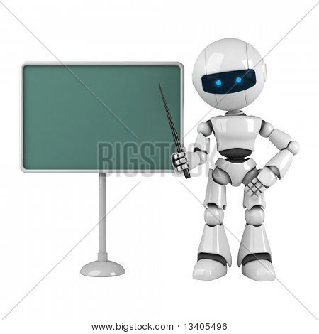 Divertido robot blanco alojarte con puntero