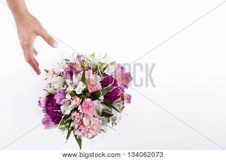 Hand receiving a pastel bouquet from pink and purple gillyflowers and alstroemeria