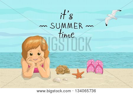 Vector banner summer sea beach vacation with the inscription. It's summer time. Smiling kids girl  lying on sea shore