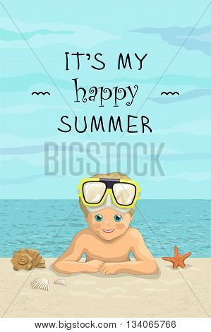 Vector banner summer sea beach vacation with the inscription. Smiling baby boy lying on sea shore