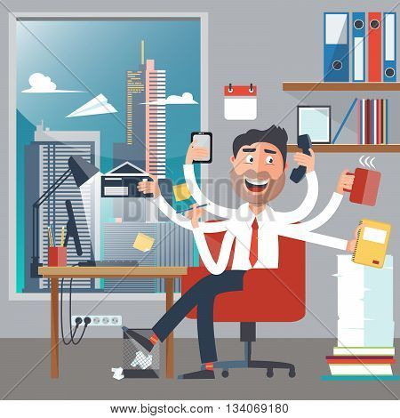 Multitasking Business Man at Work in Office. Happy Man has Six Arms Doing Office Tasks. Vector illustration